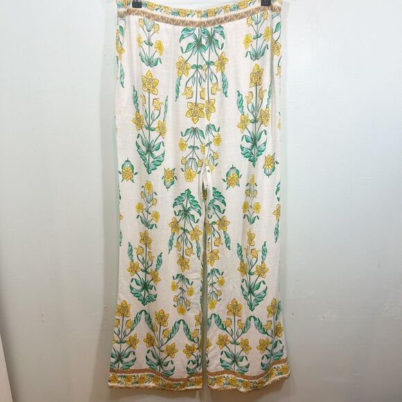 Draper James Pants - DRAPER JAMES RSVP Linen Blend White Yellow Floral Pants Size L Casual Vacation